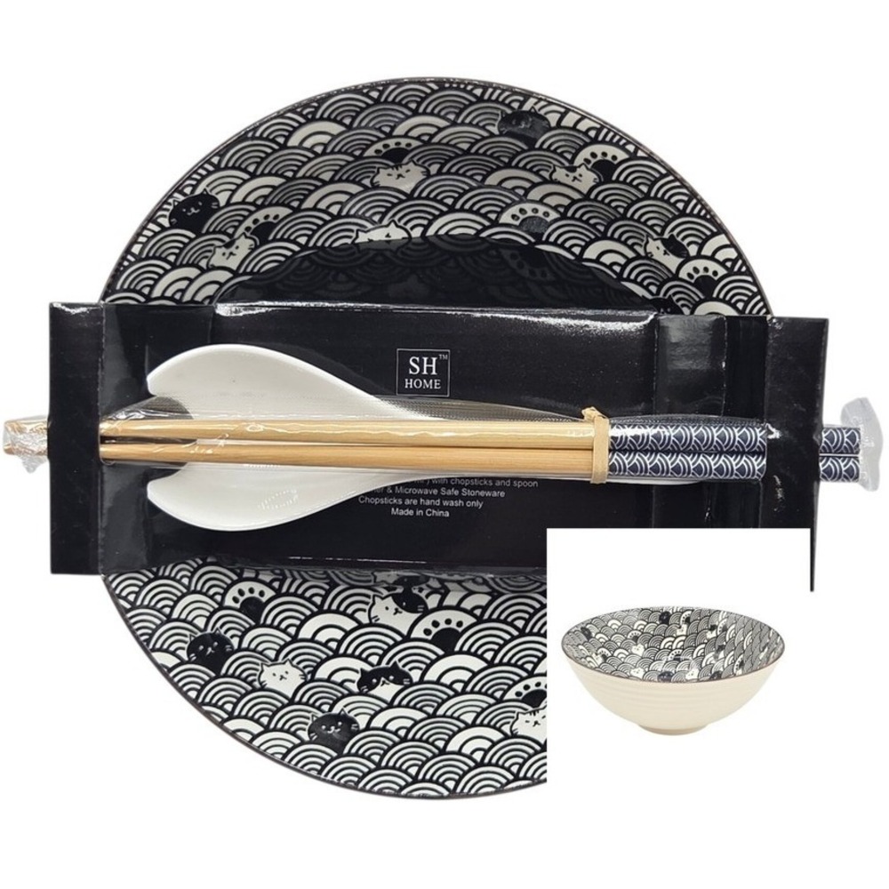 SH Home Black Cats Waves Ceramic Ramen Noodle Bowl Set 43oz Chopsticks Spoon